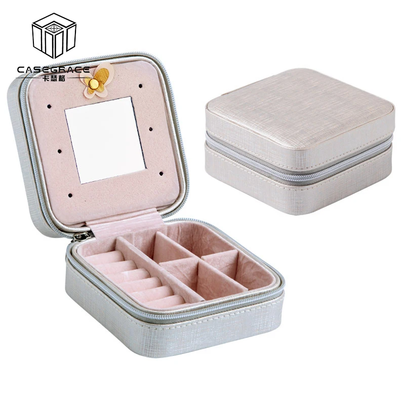 

Custom Cheap Price Mini Mirror Pu Leather Jewelry Box Small Travel Portable Silver Jewelry Storage Case Box for Earring Necklace, Red;pink;black;white;silver