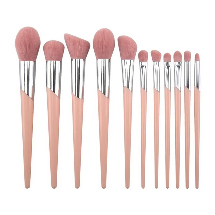 

11pcs Private label Pink Handle Pink Nylon Hair Color Makeup Brush Cosmetic Brushes, As pics