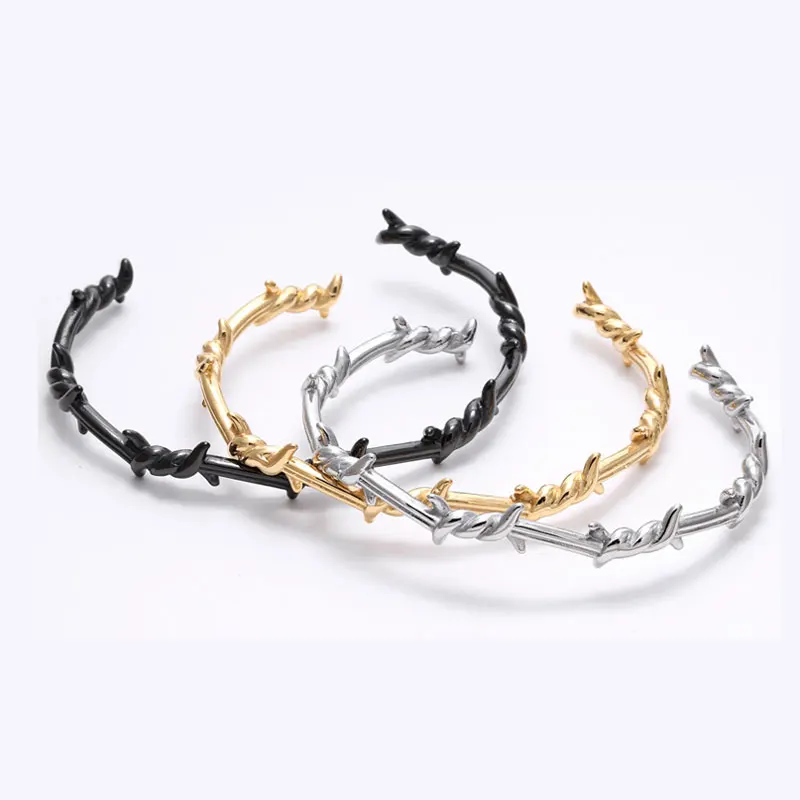 

Men Bangle Open Cuff Twist Thorns Wire Pulsera Titanium Steel Geometric Bracelet Bangles  Barbed Jewelry, Silver;gold;rose gold;black