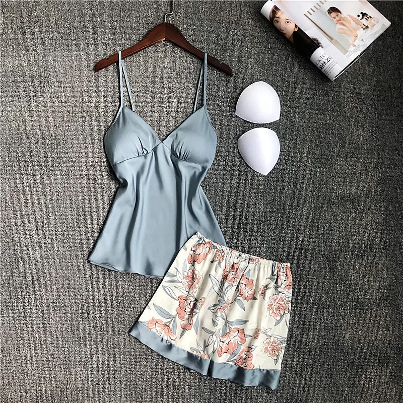 

Silk Pajamas for Women Floral Womens Pajama Set Summer 2019 Pyjamas Women Satin Sleepwear 2 Piece/Sets V-Neck Nightgowns, As the picture show
