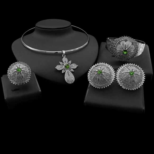 

Yulaili Big Pendant New Fashion Silver Color Plated Green Crystal Ethiopian Traditional Jewelry Set