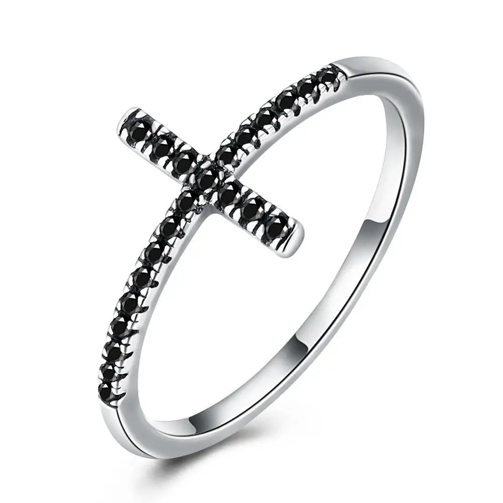 

Dainty 925 Sterling Silver Cross Band Ring Black CZ Jewelry for Female, As pictures