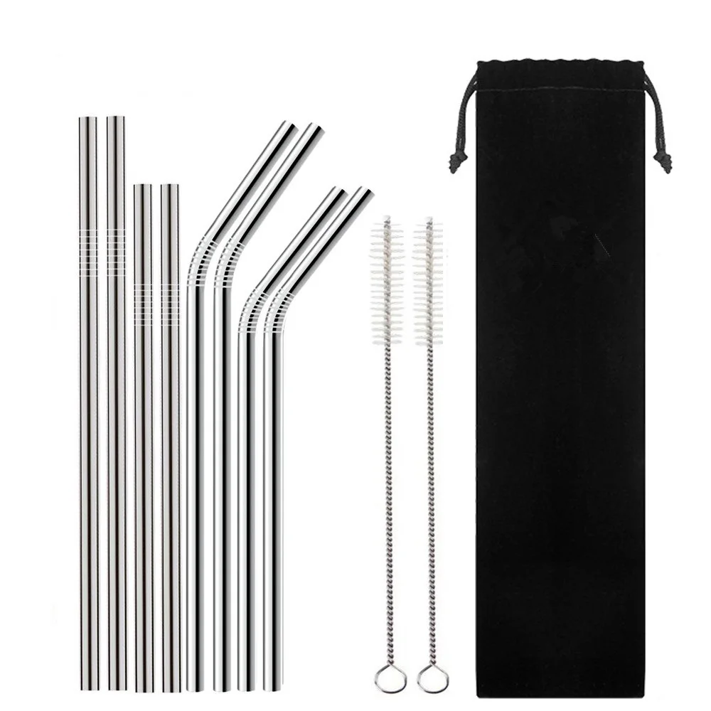 

8Pcs 304 Stainless Steel Straw Eco Friendly Reusable Metal Straw Drinking Straws Set with 2 Brush & 1 Bag Dropshipping, Silver;rainbow;black;copper;gold