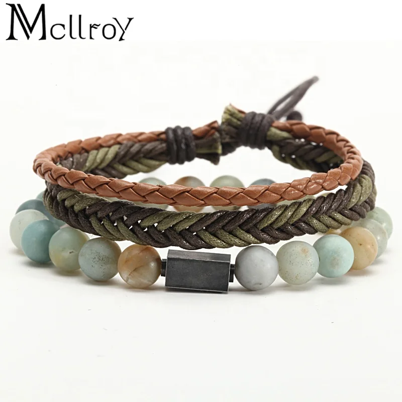 

Mcllroy men jewelry jewelry sets 8mm natural stone beads braid leather bracelets male leather bracelets men bracelet, Picture