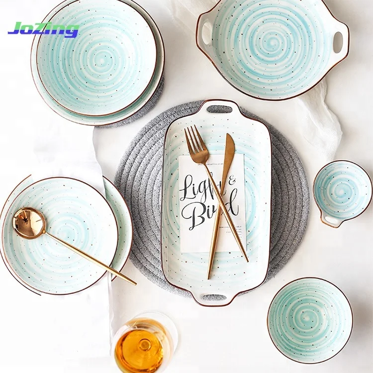 

Japanese Style Under Glaze Color Spiral Pattern Ceramic Dinnerware Sets with Speckle, Blue,white,green or customized