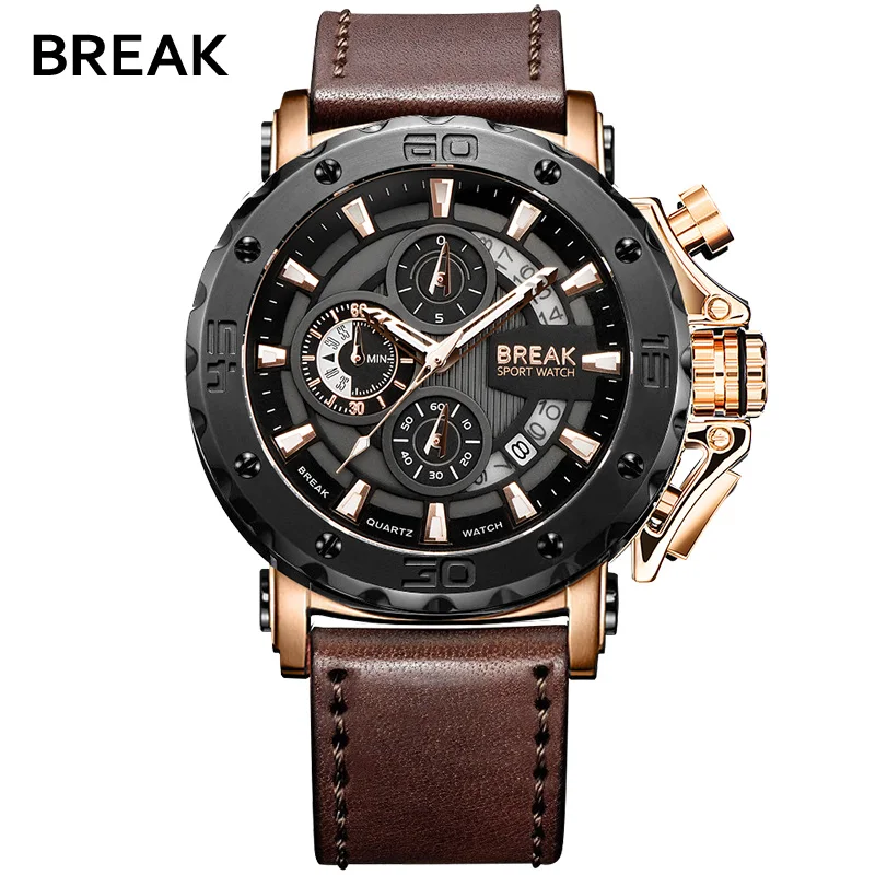 

Break Brand New Men Sports Watches Army Military Heavy Dial Business Date Leather Strap Water proof Chronograph Quartz Watch Hot