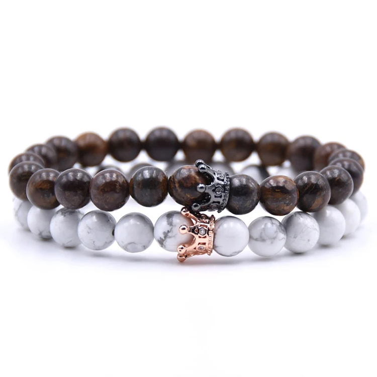 

Trendy Howlite Stone Beads Crown Bracelet Set For Women Men Couple Bangles Jewelry (KB8024), As picture