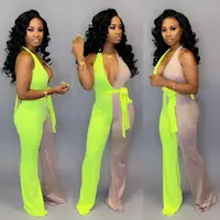 

2019 Summer Latest Design halter patchwork Colour jumpsuit Women's Deep V Neck fitness bodysuit bell pants