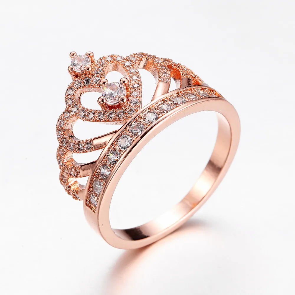 

Romantic love ladies' crown design zircon rose gold ring elegant female accessories engagement ring