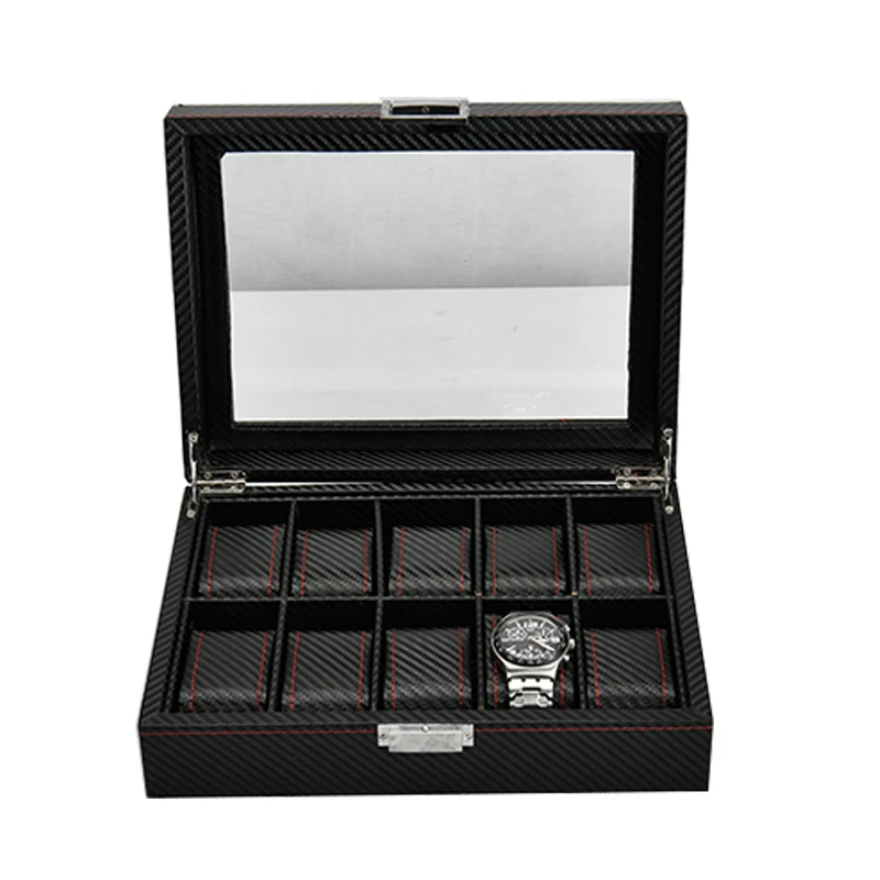 

Carbon Fiber 10 Slots Oem custom luxury black pu leather watch storage display box ladies watch packaging gift box with pillow