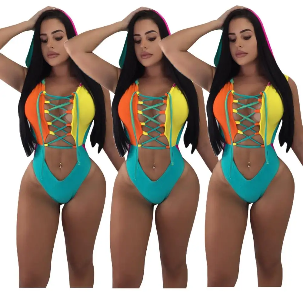 

Summer sexy hooded front drawstring colorful patchwork bikini swimwear for women