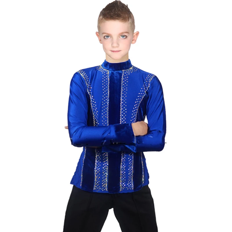 

Ballroom Latin Dance Shirts Men Boys Velvet Clothes For Salsa Samba Kids Performance Clothing Competition Latin Dance Top DN1581, Black;blue