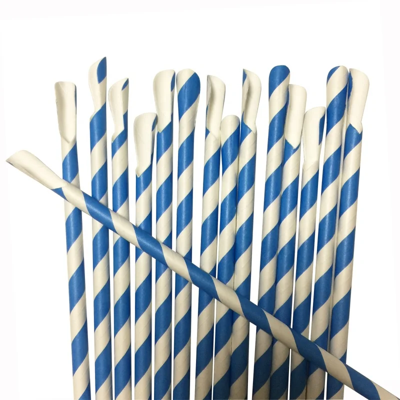 

Free Samples FSC FDA Approved Disposable Paper Drink Straw With Spoon Blue Stripe Spoon Paper Straws Printing Biodegradable