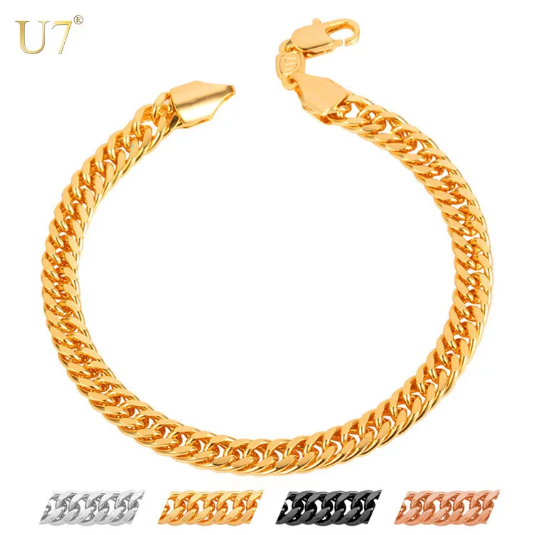 

U7 Cuban curb link chain bracelet men 18k gold plated male bracelet rose gold/black gun plated wristwear for man