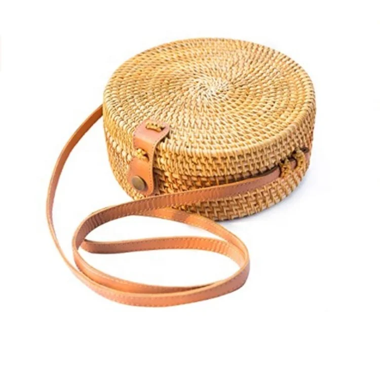 

Amazon Hot Sale Lady Handwoven Bag Round Rattan Bag With Shoulder Leather Strap, Natural color