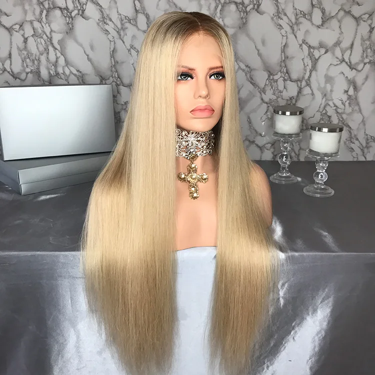 

SHY Two Tone 150% Density Full Lace Wig 26 Inch Long Straight Blonde Human Hair Wigs Middle Part For Women