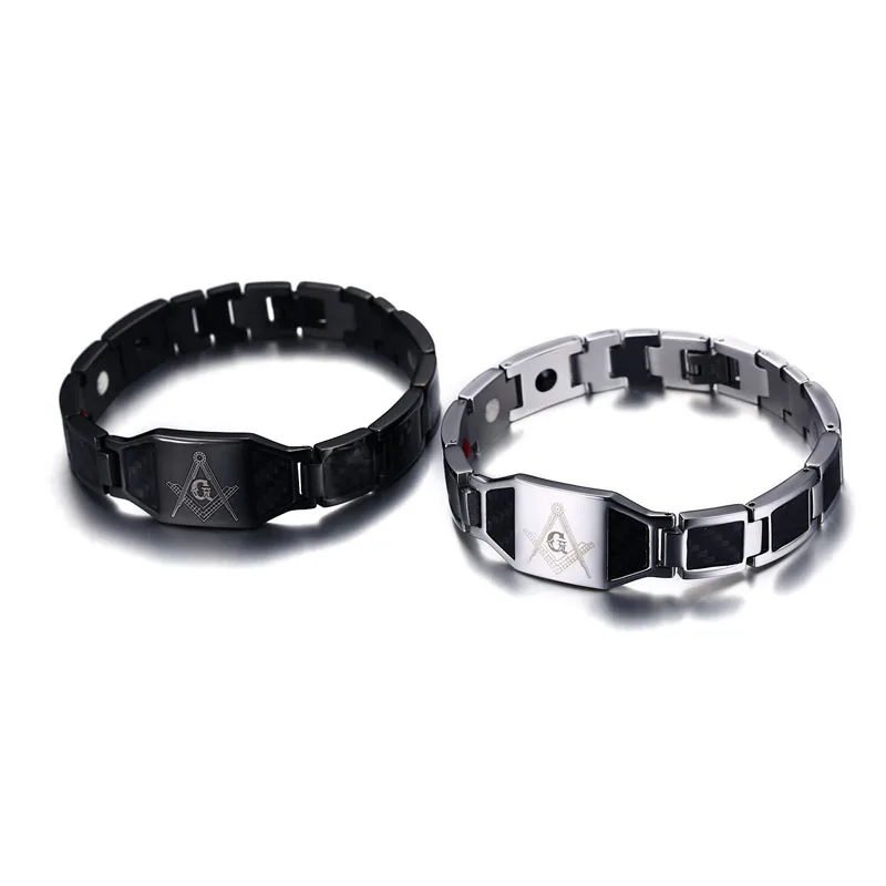 

wholesale stainless steel jewelry carbon fiber masonic bracelet men magnet germanium titanium bracelets, Steel;black