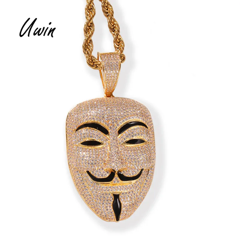 

Uwin Fashion Gold Plated Vendetta Smile Face Crystal Pendant Necklace Trendy Copper Wih CZ Stones Luxury Jewelry High Quality