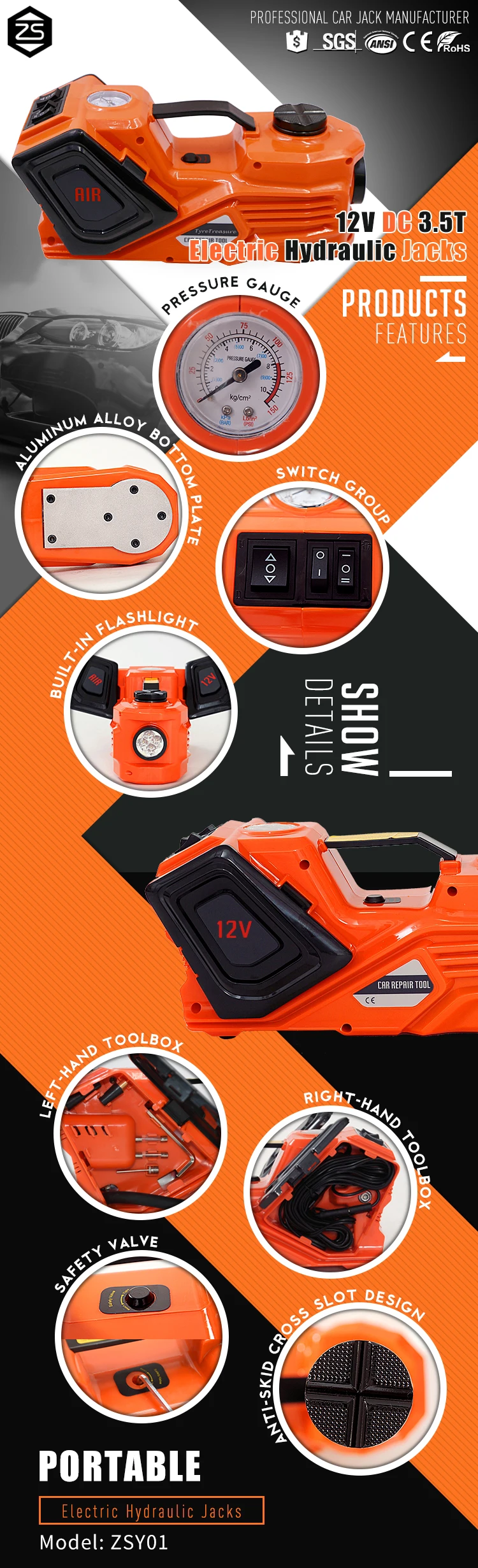 Dependable performance portable electric car hydraulic jack types