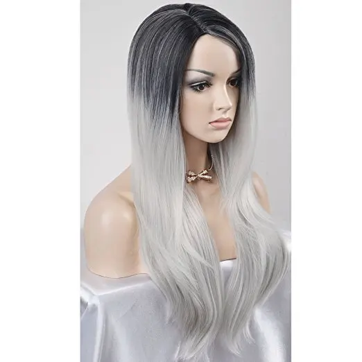 Ombre Gray 2 Tones Synthetic Lace Front Wig Dark Roots Long