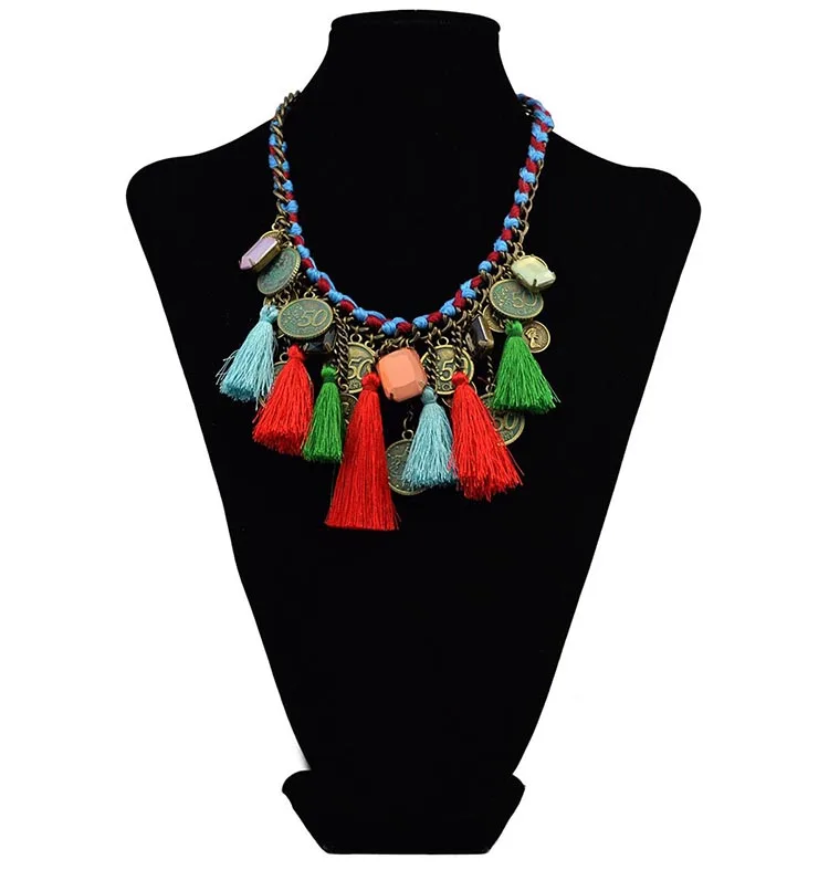 

Weave Thread Chain Tassel Necklace Crystal Coin Fringe Pendant Statement Choker Necklaces, Colorful,pink