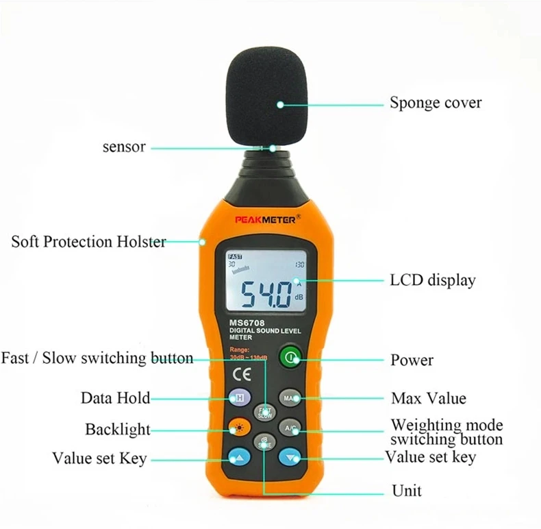 PM6708 LCD Digital Audio Decibel Sound Noise Level Meter Tester 30-130dB 