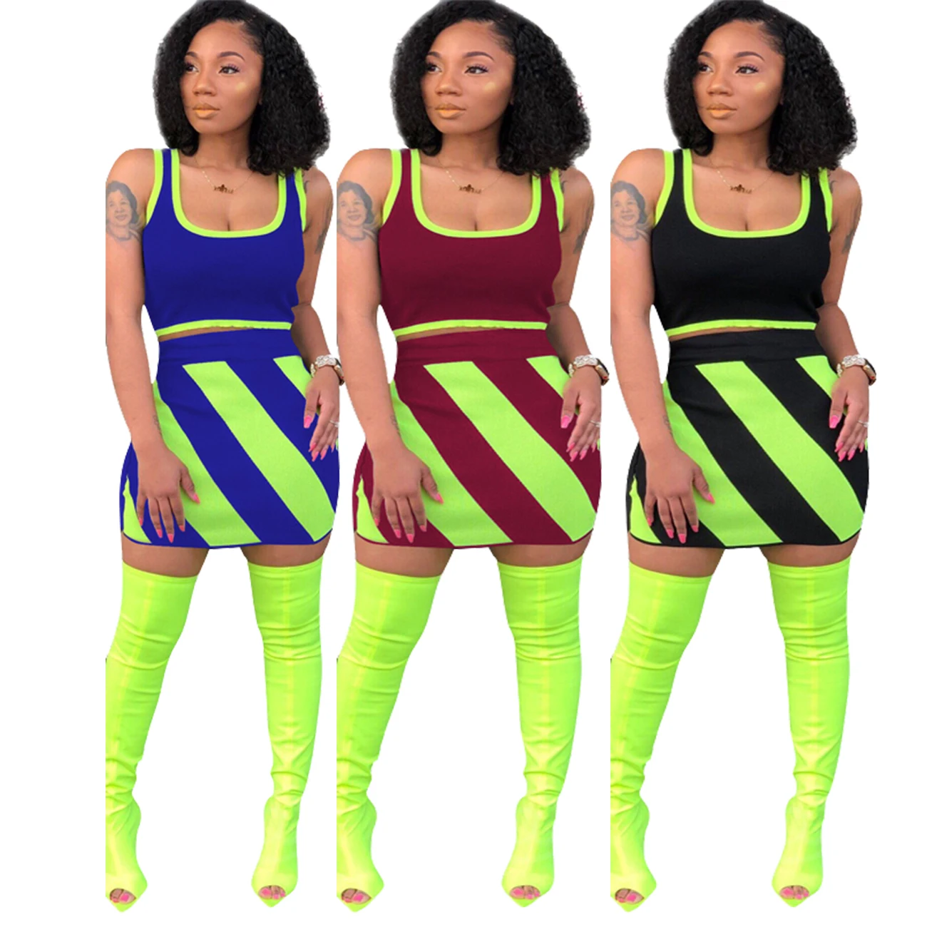

New Summer Casual 2 Piece set Women Outfits Crop Top And Mini skirt suit