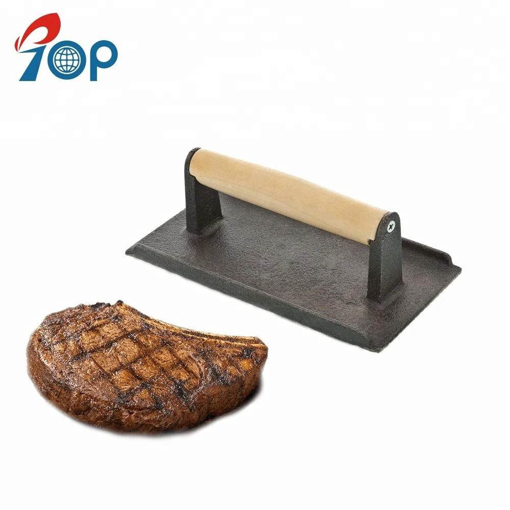 Customized Cast Iron Commercial Grill Meat Press With Wooden Handle
