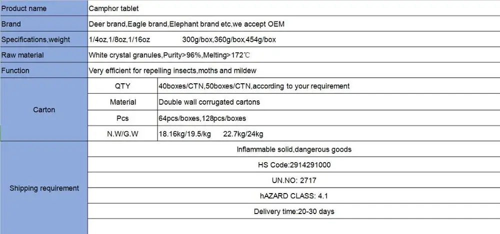 1/4OZ refined nature camphor tablet in red deer brand camphor flake
