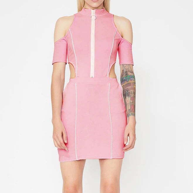 

hot sale slim stitching zipper midriff off shoulder short tight reflective dress, Pink