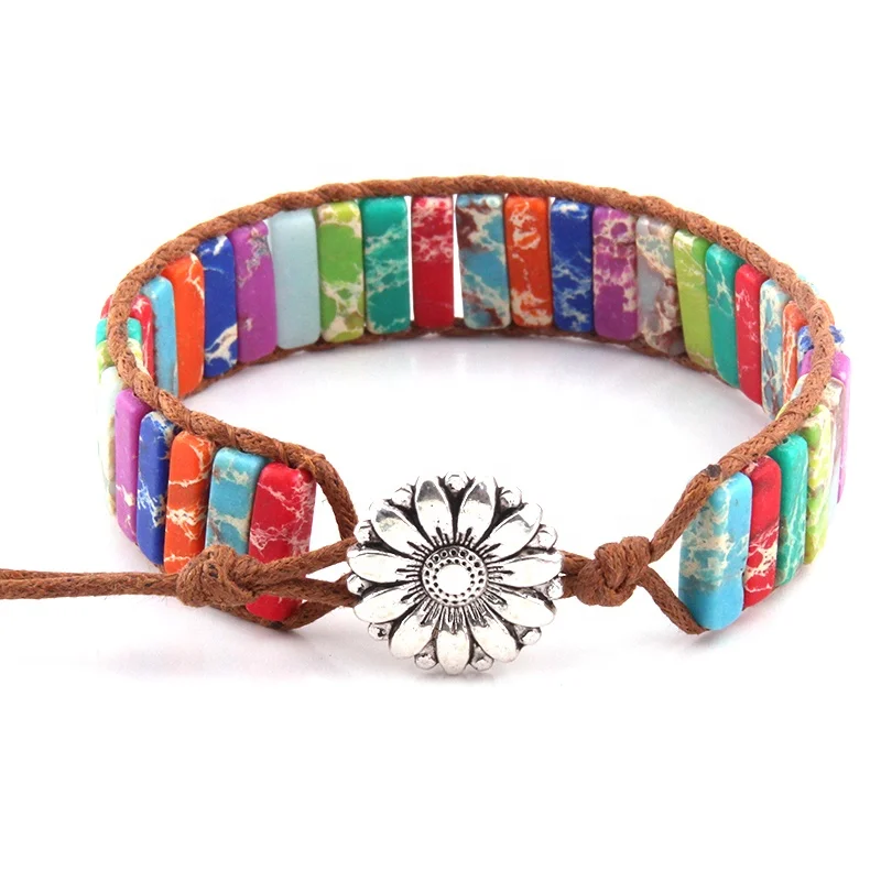 

Women Beautiful MultiColor Energy Bracelets Handmade Natural Stone Rectangle Tube Beads leather Wrap Bracelets & Bangle