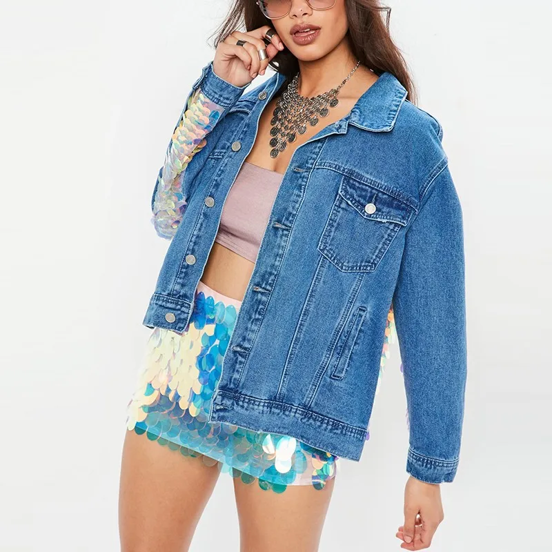 New Arrival Ripping Bomber Jacket Top Women Spring Blue Denim Sequin