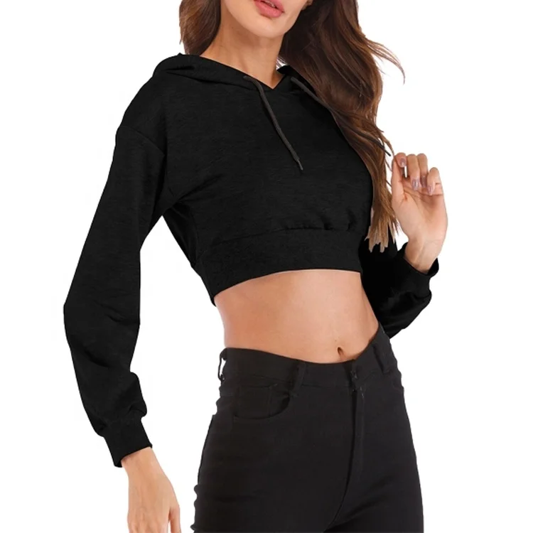 

Hot Sale Hoodies Solid Short Woman Hoodies Blank Plain Crop Top Women Tapered Fit Hoodies, Black