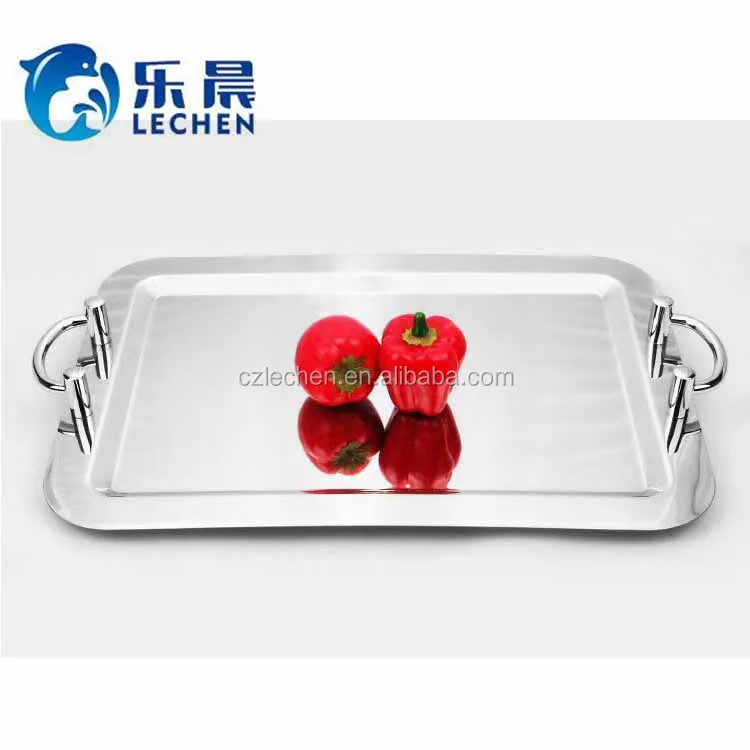 Stainless Steel Plate Tray Oval Mirror Tray Charger Rolling Serving Plate Fruit Plate Simple Baking Steak Tray with handle