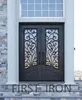 Hand made modern wrought iron double swing house front entry door, residential forged iron doors