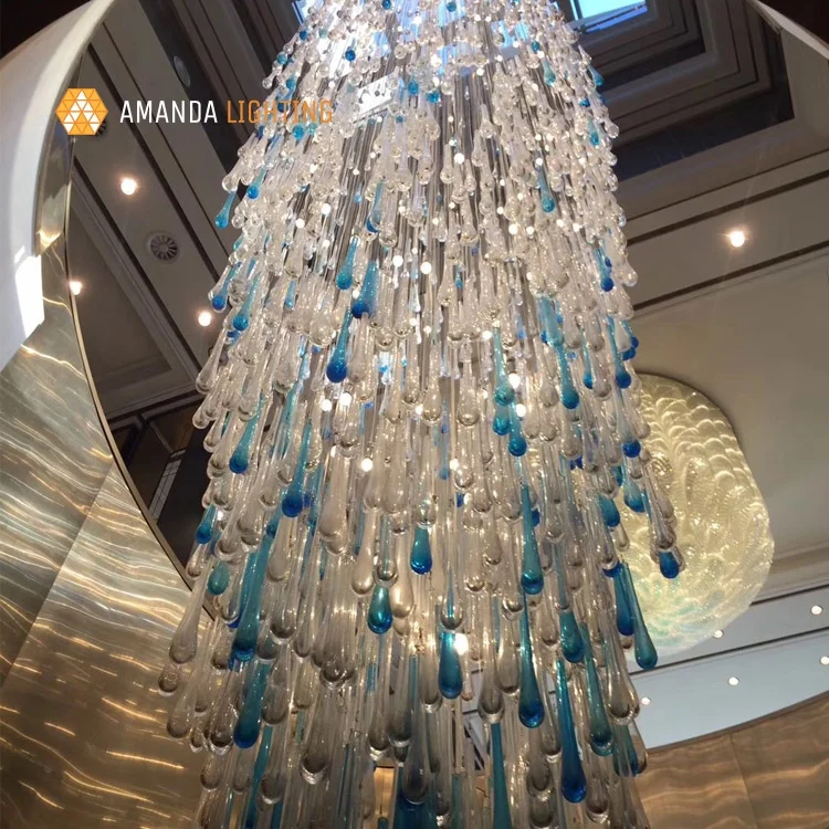 Customized Handmade Water Drop Tear Drop Glass Chandelier For Hotel Lobby Entrance Hanging Pendant Light