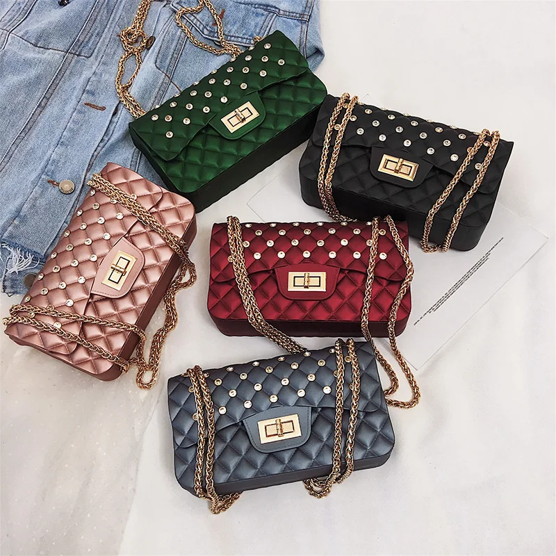 

2019 new shining diamond CANDY JELLY PLASTIC BEACH BAG with metal chain