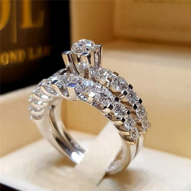 

Female Crystal White Round Wedding Ring Set Fashion Jewelry Luxury Women Silver Color Zircon Ring Promise Rings For Women