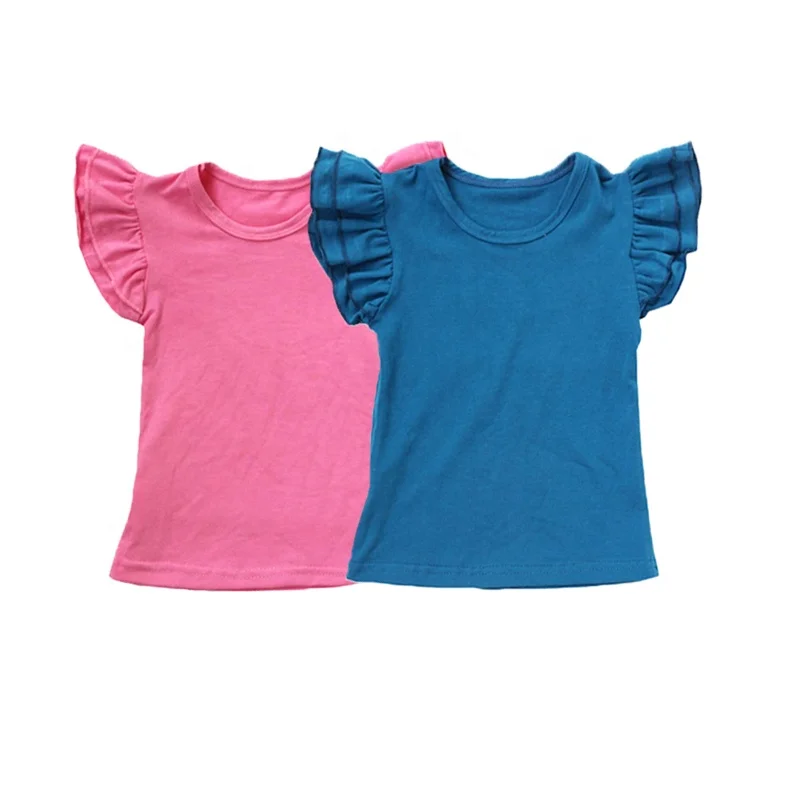 

boutique kids flutter sleeve shirts girls ruffle top latest design girls O- neck top solid color girl T shirt