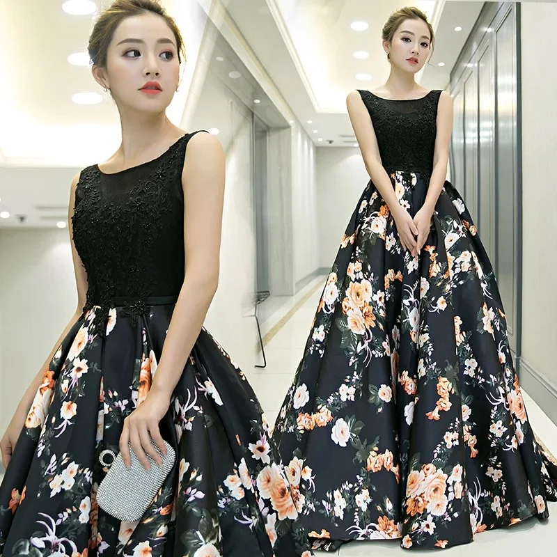 

Black Ball Gown Long Sleeveless Printed High Quality Chiffon Evening Dress