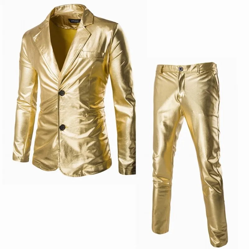 

YSMARKET Long Sleeve Jacket Pants Set 2 Piece Gold Silver Black Leather Suit Men Slim Fit Tuxedo Formal Party Wear Blazer EA11