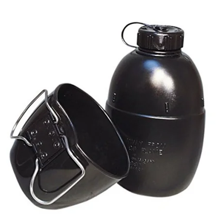 BRITISH MILITARY STYLE 58 PATTERN BLACK WATER BOTTLE AND CUP 1 LITRE CRUSADER 