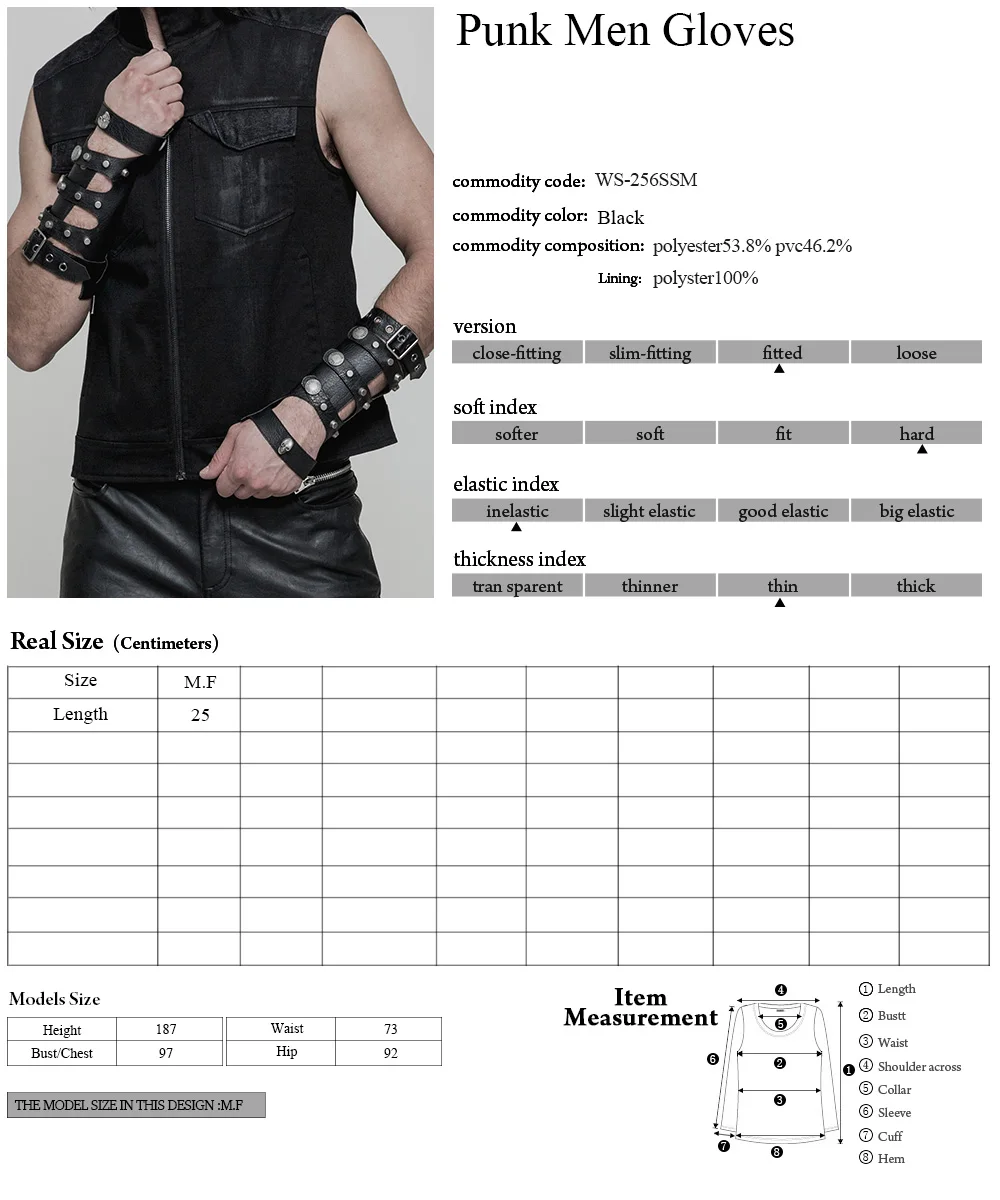WS256 Punk skull Hollow-out loop adjust buckle men leather gloves