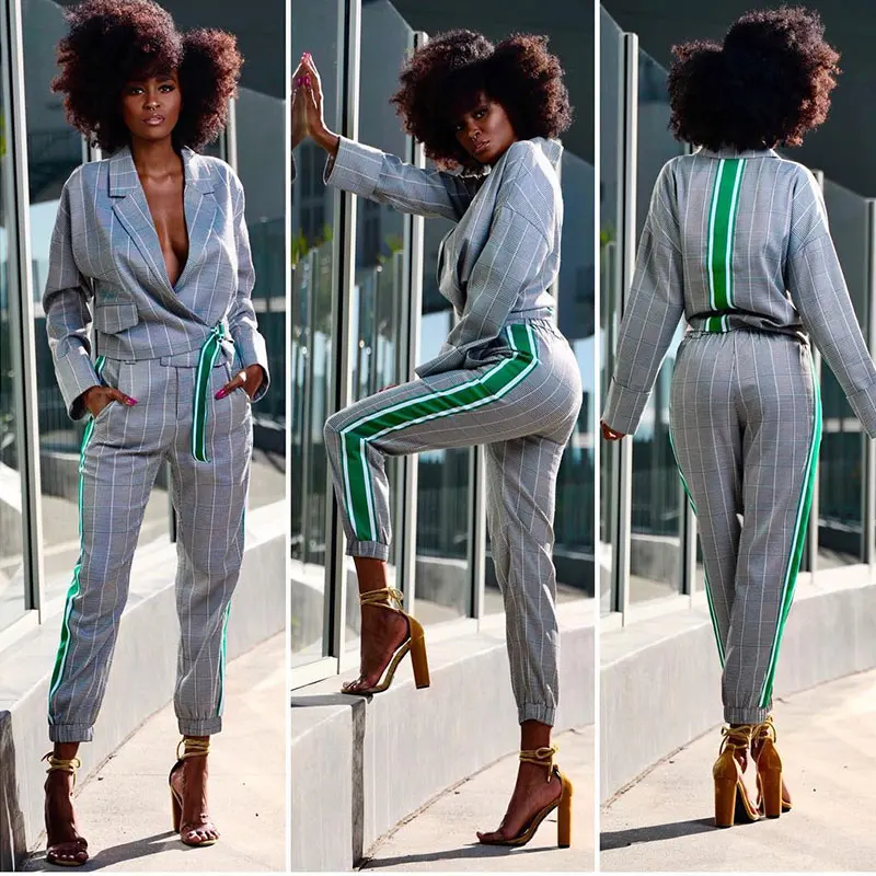 

Special Offer Plaid Side-Stripe Top And Pants Set for Women With Belt, N/a