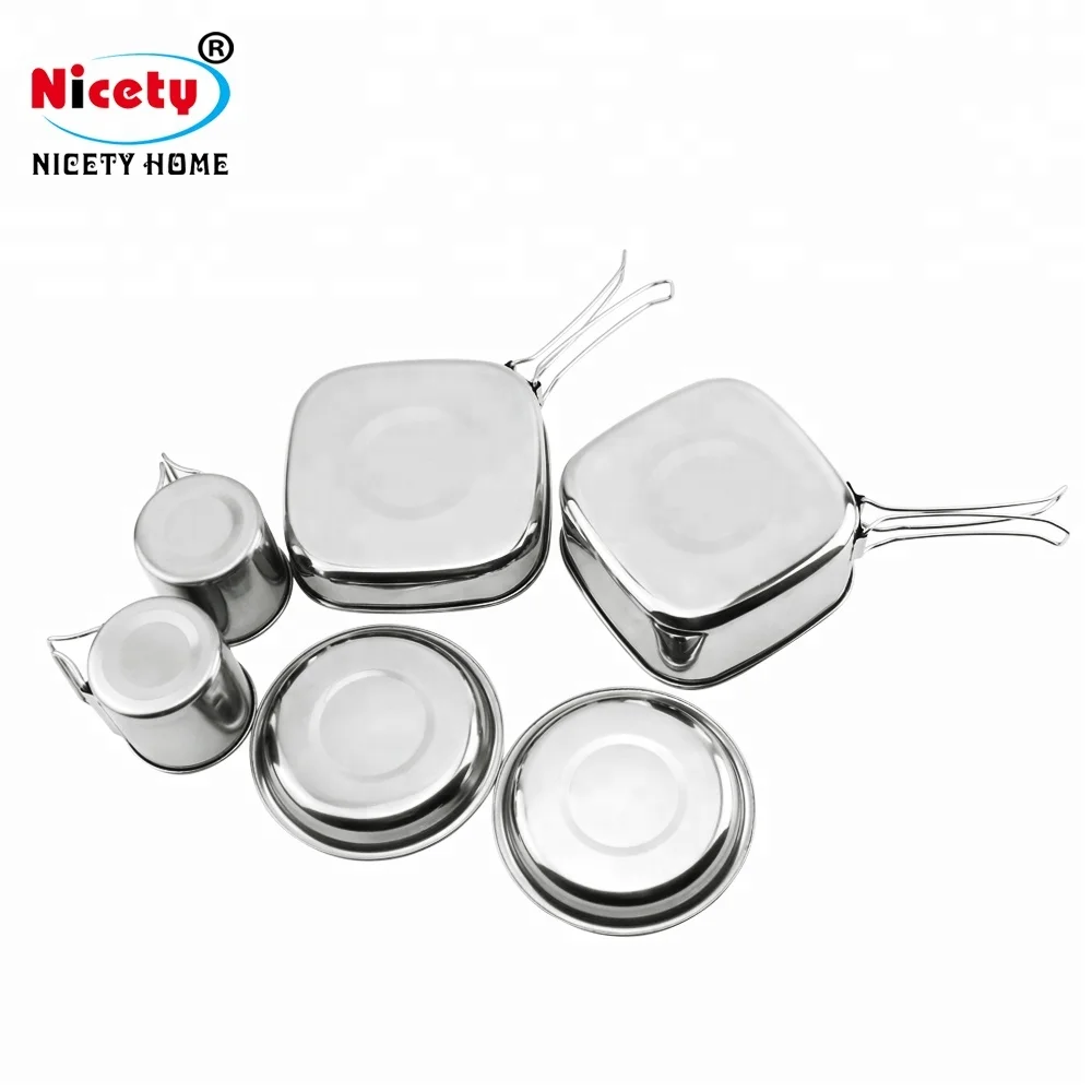 stainless steel camping cook set equipment pot cookware other camping folding saucepan frying pan two mug plate bowl with handle