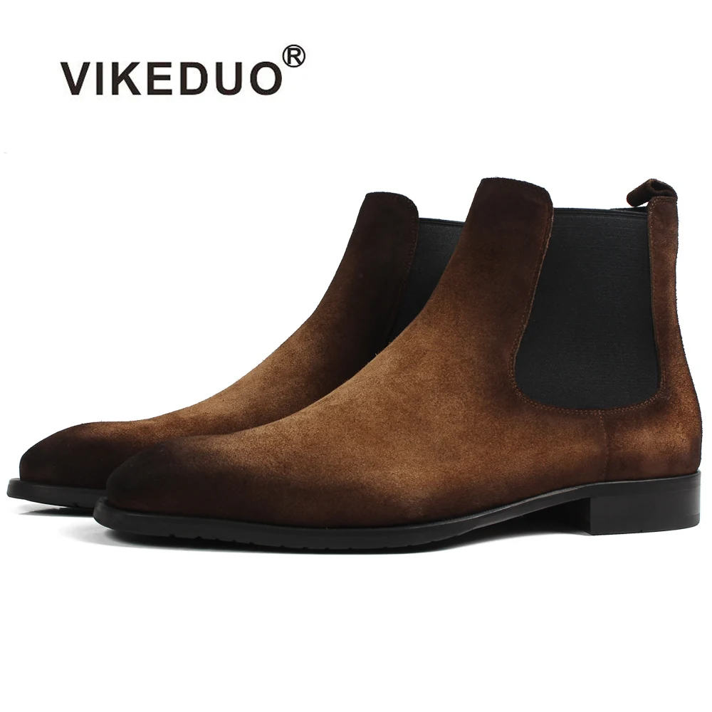 

VIKEDUO Hand Made Fashion Male Custom Shoes Classic Brown Superior Suede Leather Chelsea Boots Men Ankle