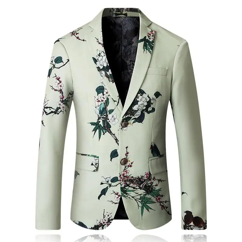 

wholesale spring Mens Chinese style Floral Blazer Jacket Two Button Slim Fit White Casual suit tuxedo big size coat, 1 colors