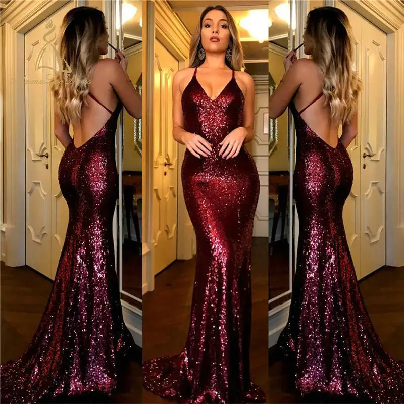 Backless Long Woman Western Style Suzhou Party Mermaid 2018 Gold Sexy Sequin Prom Evening Dress