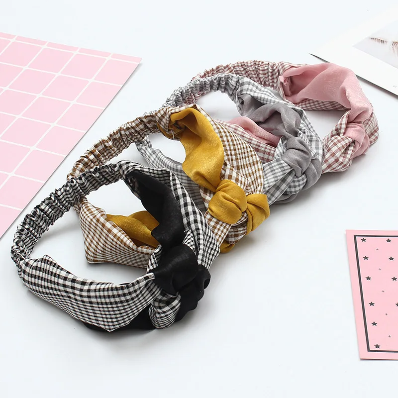 Fashion Girl Bump Color Plaid Knot Double Hair Bandwidth Edge Hair Band ...