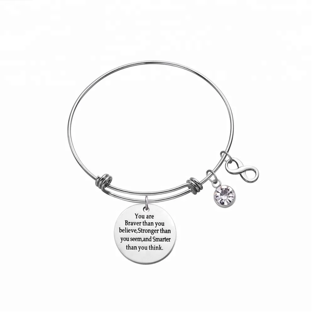 

Infinity Charm Custom Bracelet You are Braver than you Believe Stainless Steel Adjustable Bangles for Women, Silver
